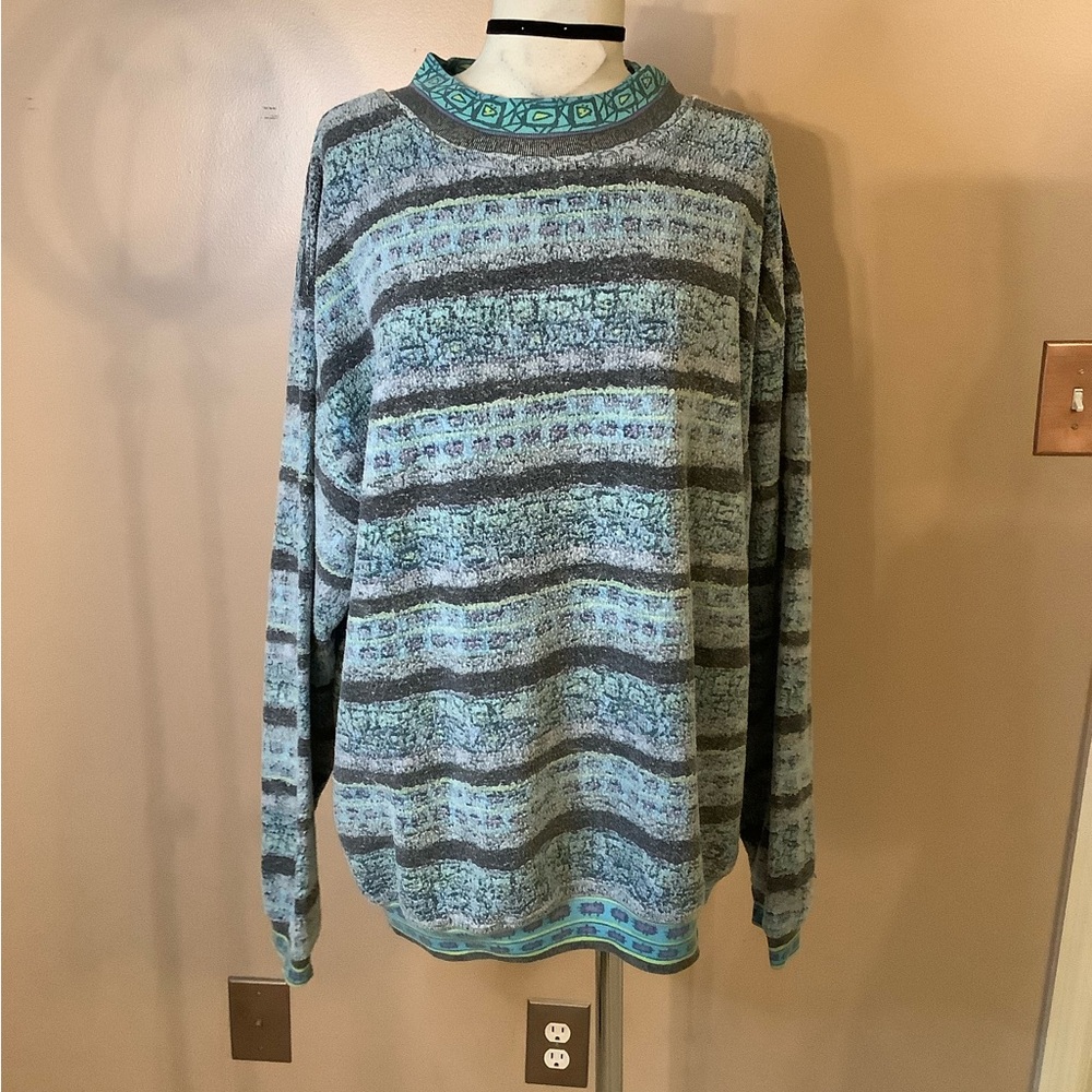 Vintage Retro 80’s 90’s Saturdays Blue Geometric Print Fuzzy Sweater Large